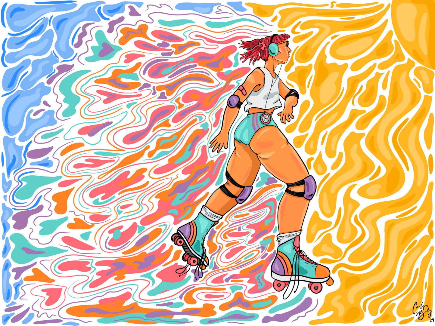 80s Skater Girl is a digital illustration of a person roller skating against a abstract patterned background available as a physical print.