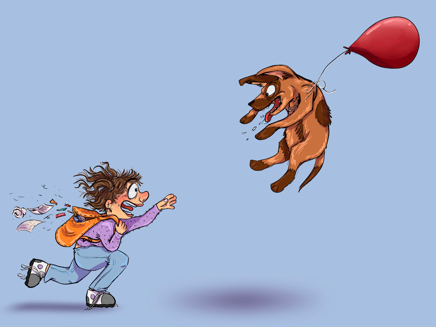 Fly Away Dog is a digital illustration of a girl who loses her dog that is tied to a red balloon floating in the sky, available for printable art download.