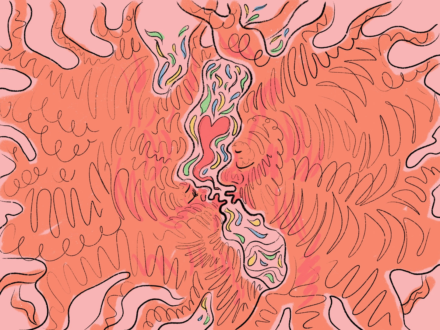 Kissing Trees is a digitally drawn illustration of two abstract themed trees expressing the love between them, available as a physical print.