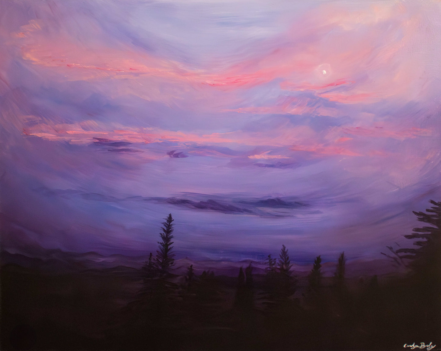 Nostalgia is a painting of a purple and pink sky with clouds over a silhouette of trees.