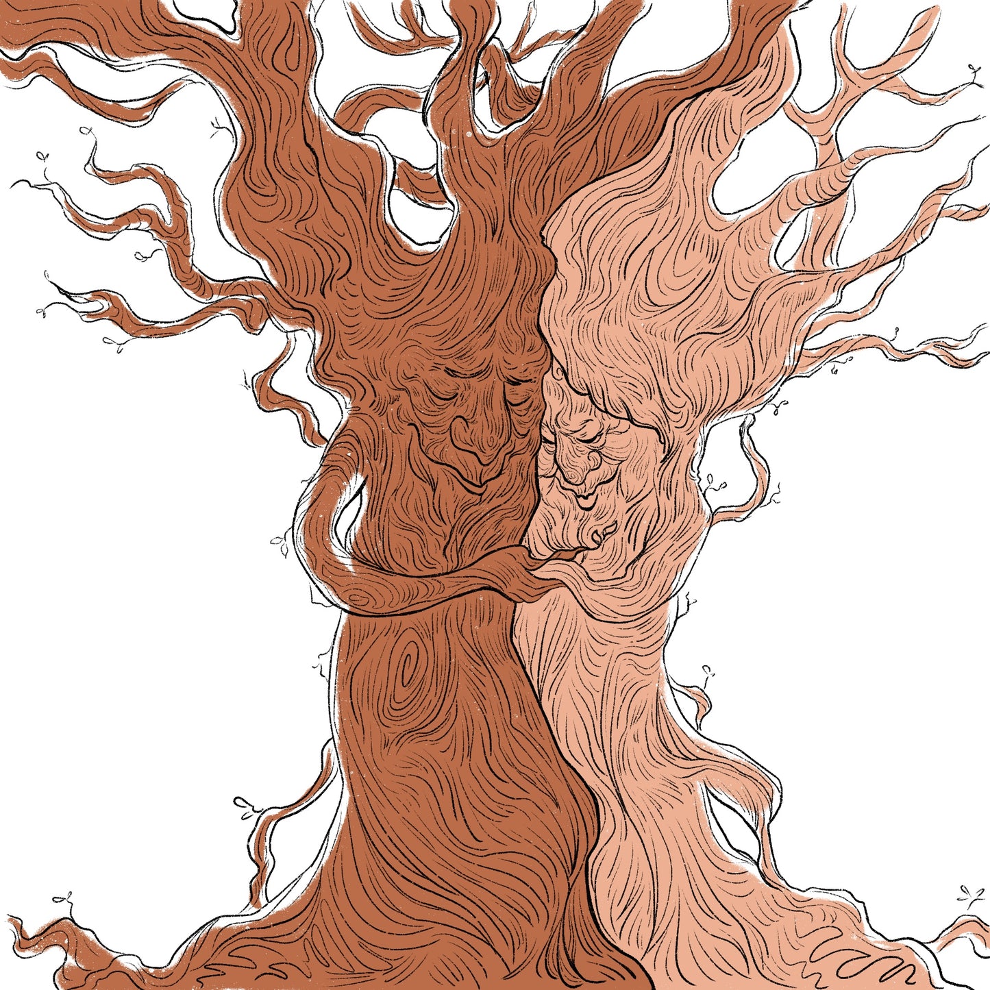 Old Trees is a digitally drawn illustration of two trees with intertwined roots, textured bark and detailed branches, available as a physical print.