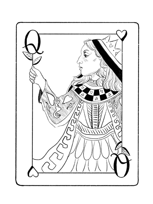 Queen of Hearts is a black and white reimagined digital illustration of the classic face card available as a physical print.
