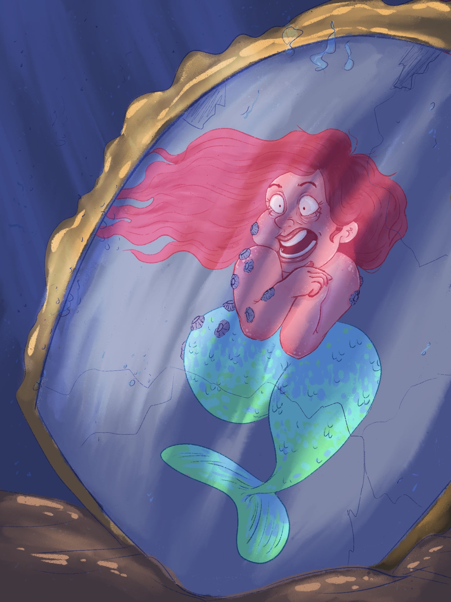 Scared Mermaid is a digital illustration of a mermaid looking frightfully in a blue and yellow mirror at her own appearance, available for printable art download.