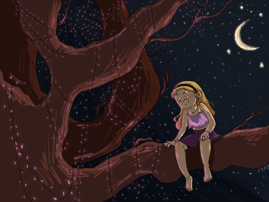 Tree Lights is a digitally drawn illustration of a girl sitting a tree covered in lights under a starry sky, available as a physical art print.