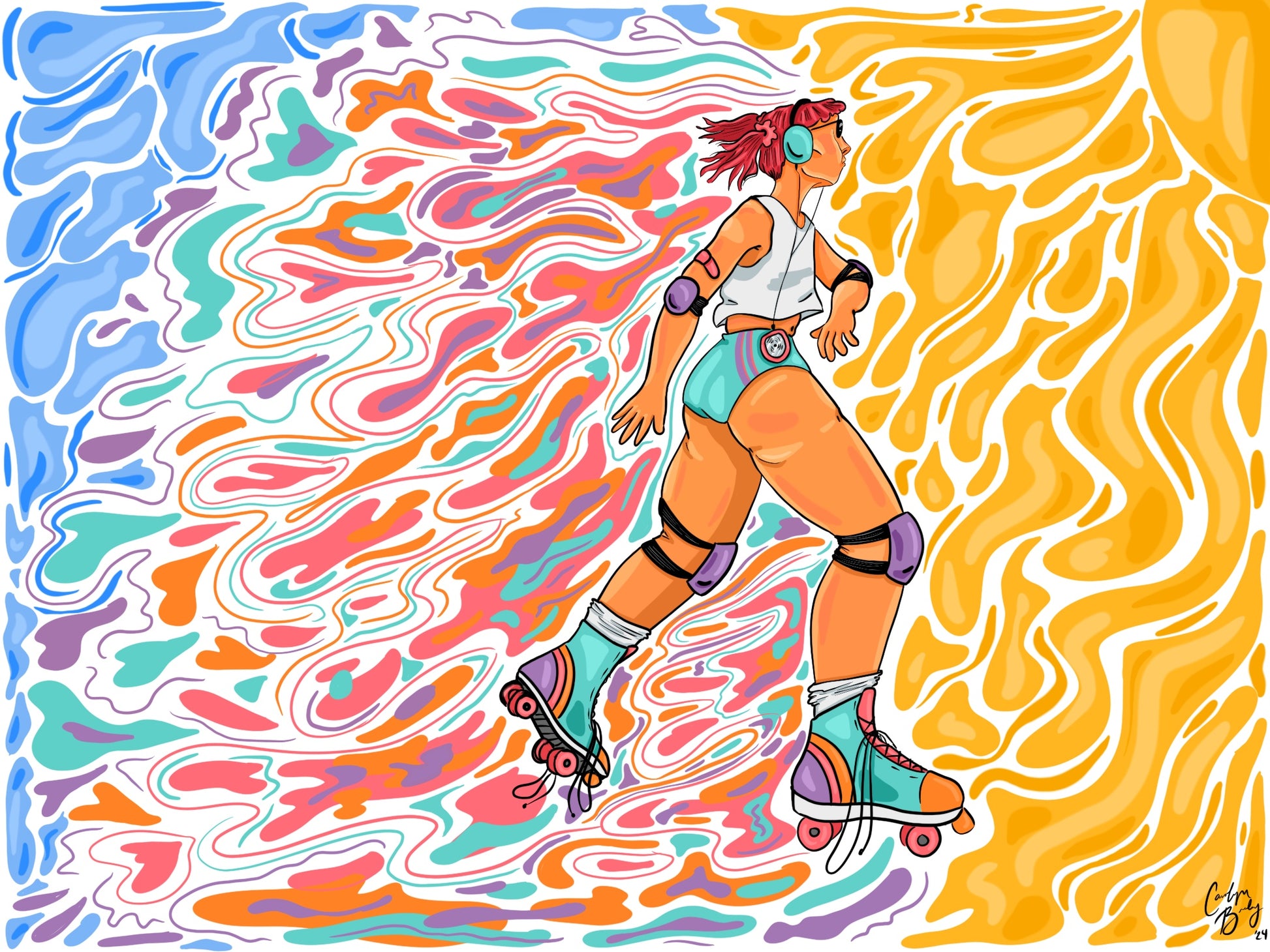 80s Skater Girl is a digital illustration of a person roller skating against a abstract patterned background available for printable art download.