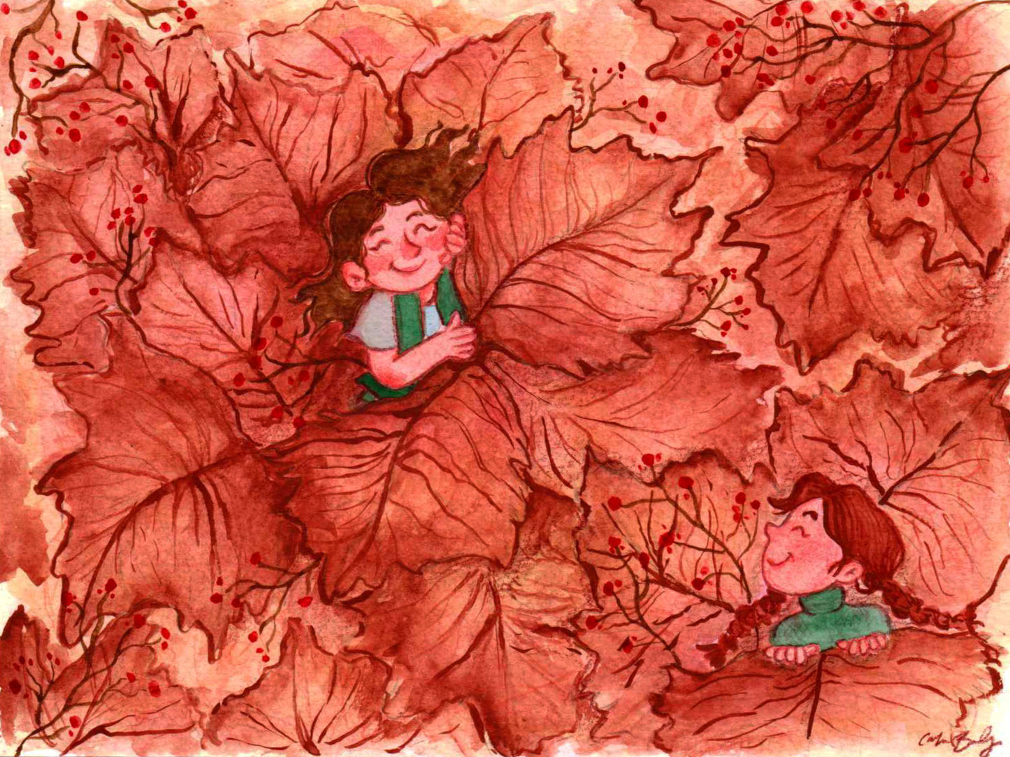 "Girls in Leaves" 5x7 Watercolor Illustration Print