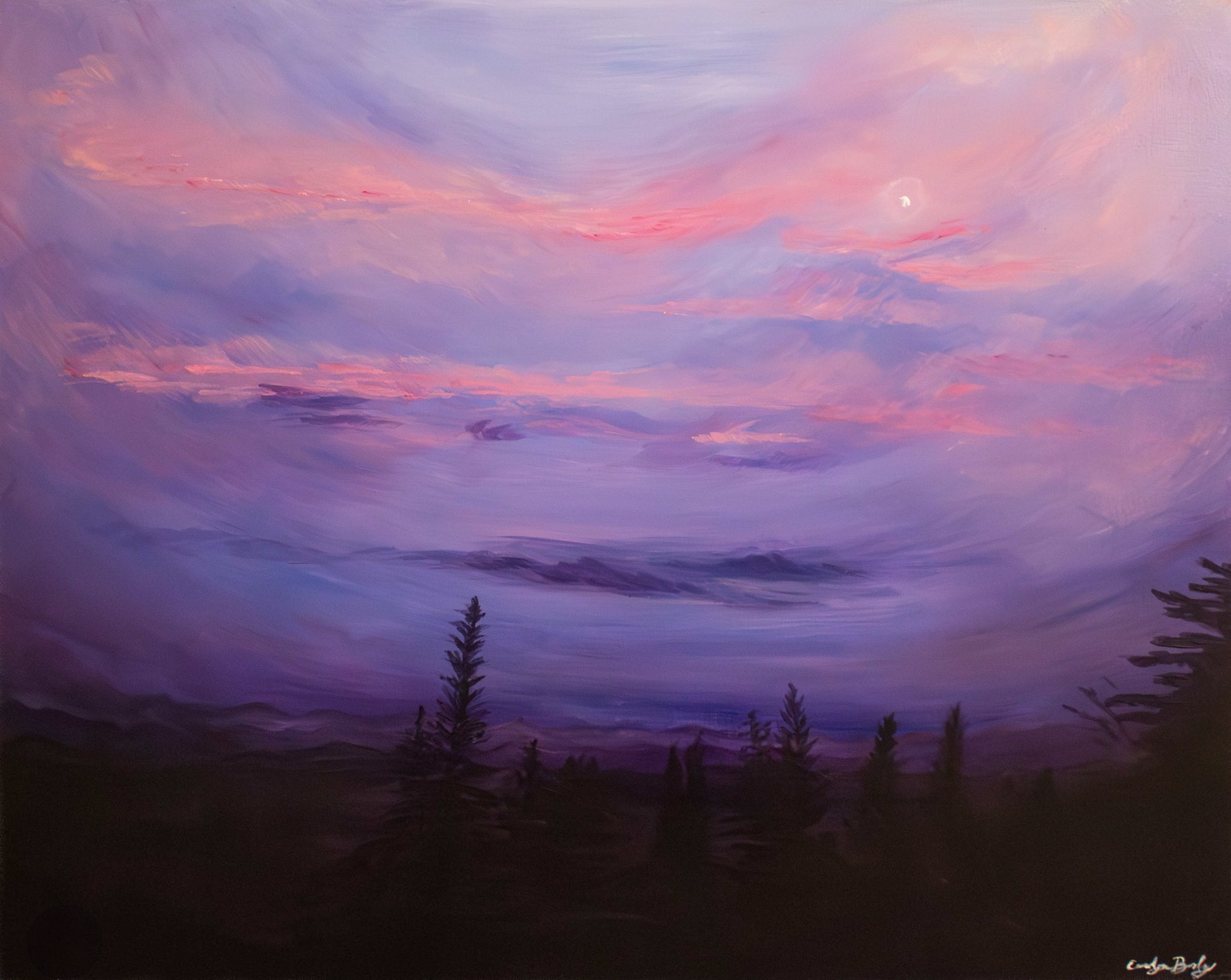 Nostalgia is a painting of a purple and pink sky with clouds over a silhouette of trees.