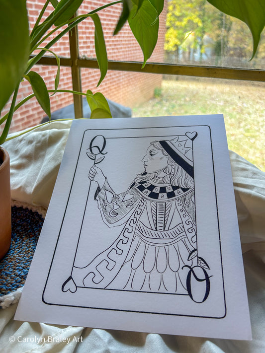 Reimagined black and white line art illustration of the Queen of Hearts playing card.