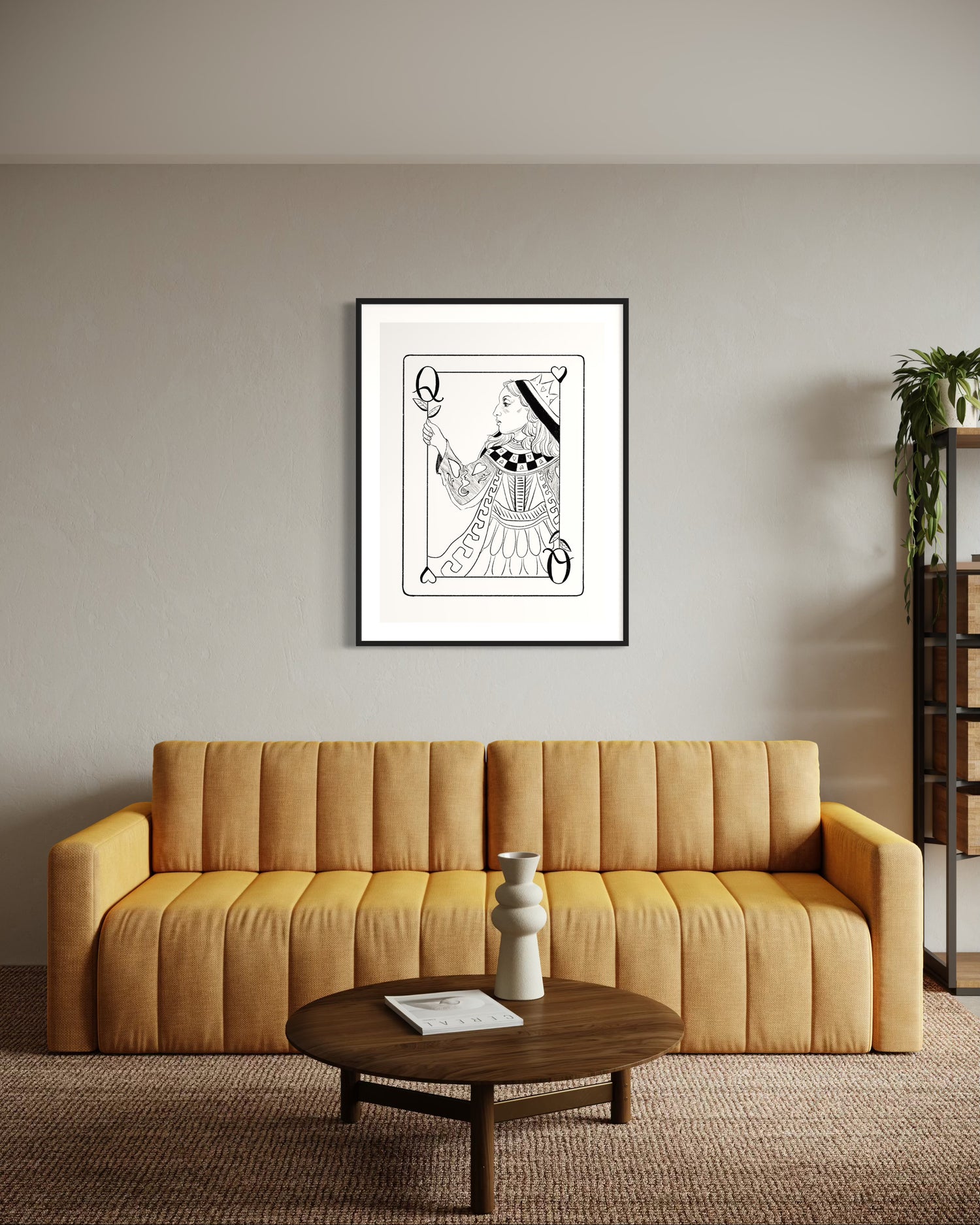Mockup for Queen of Hearts digital illustration hanging on a beige living room wall with a yellow sofa and brown coffee table.